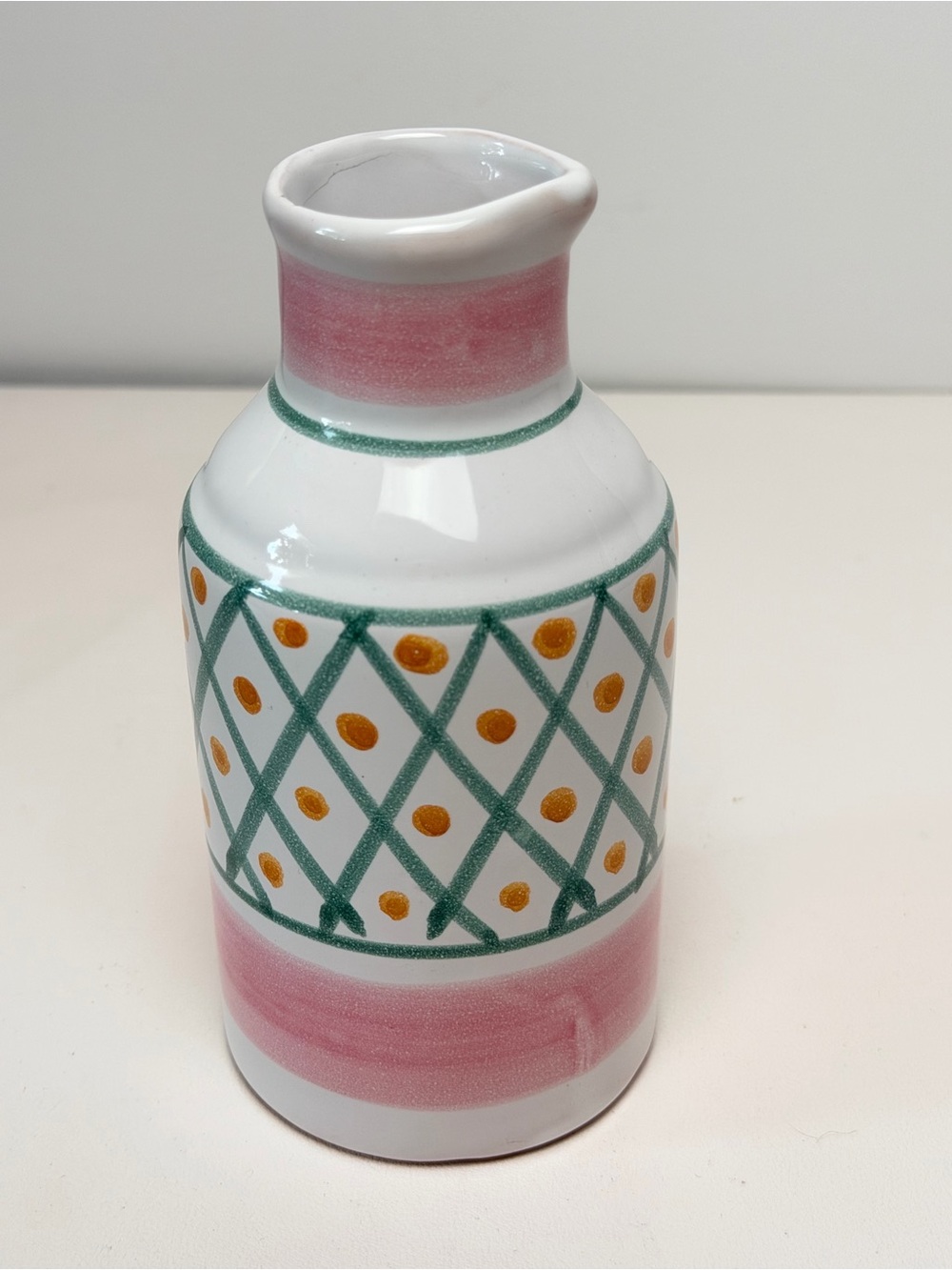 Italian Ceramic Decorative Vase Geometric White Pink Green Orange Glossy Italy